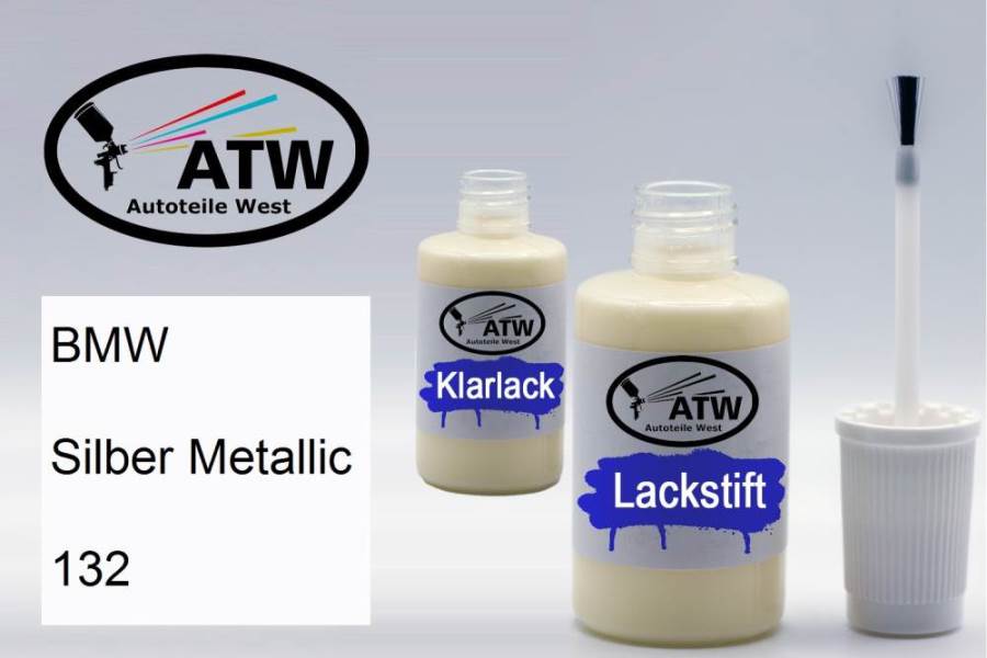 BMW, Silber Metallic, 132: 20ml Lackstift + 20ml Klarlack - Set, von ATW Autoteile West.